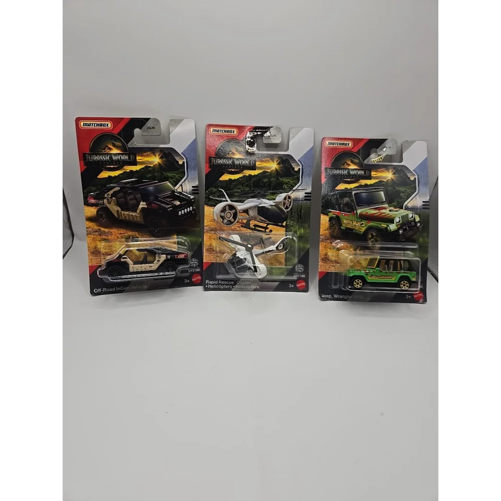 Jurassic World Rebirth MATCHBOX LOT OF 3 - Jeep, Copter, Off Road InGen Mercedes